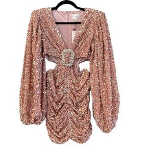 Line & Dot Small Sequin Embellished Rhinestone Belt Pink V-Neck Mini Dress NEW